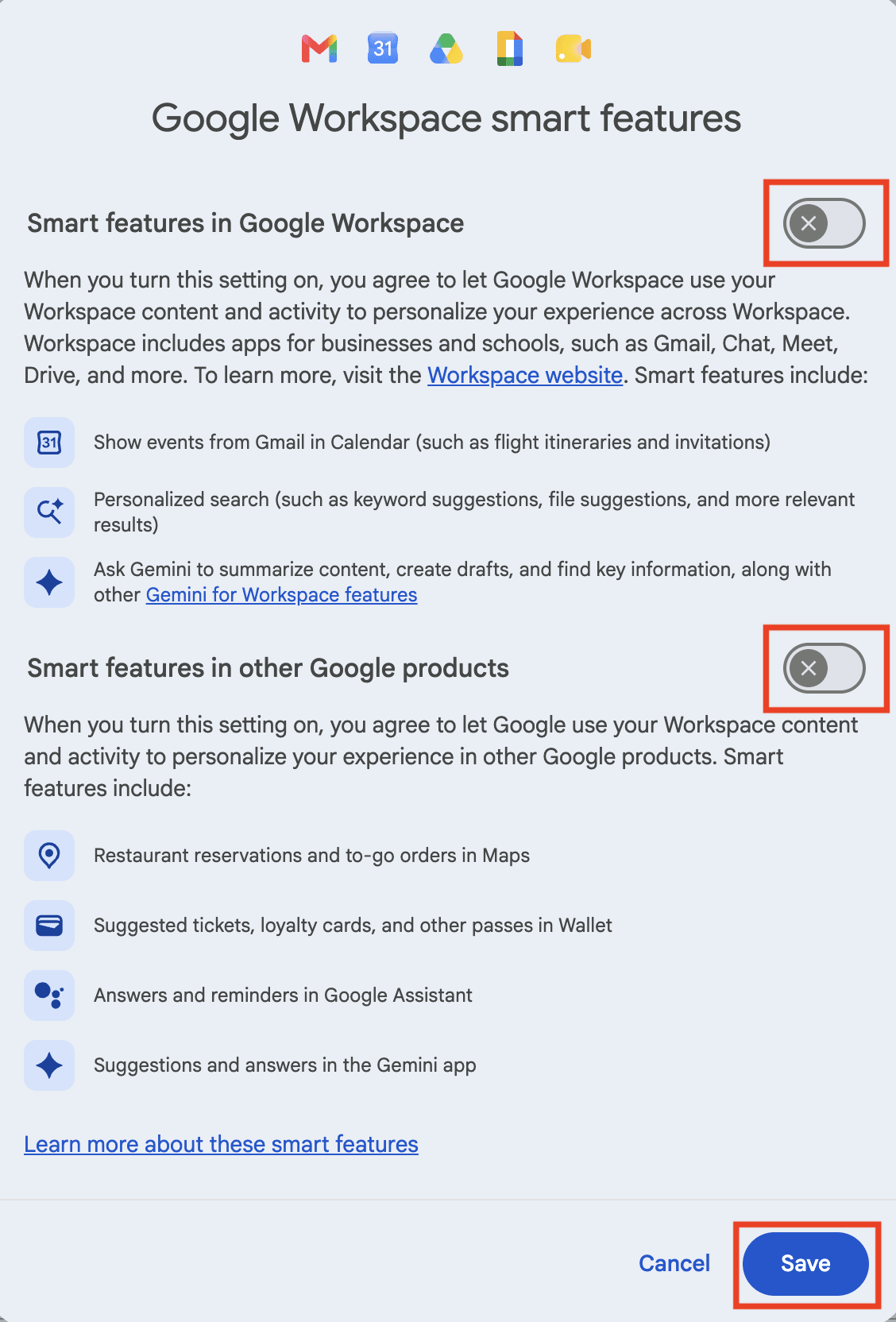 How to turn off Google Workspace smart features