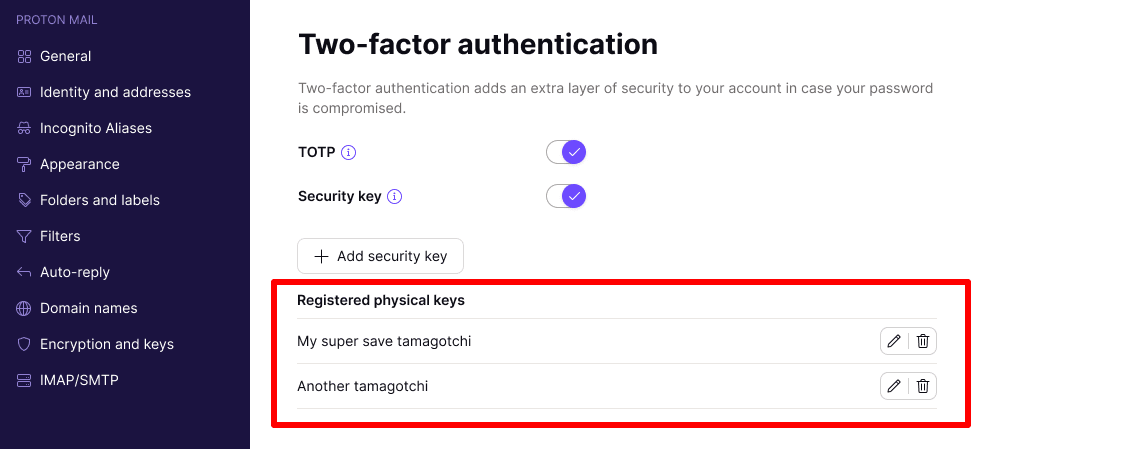 View your registered keys