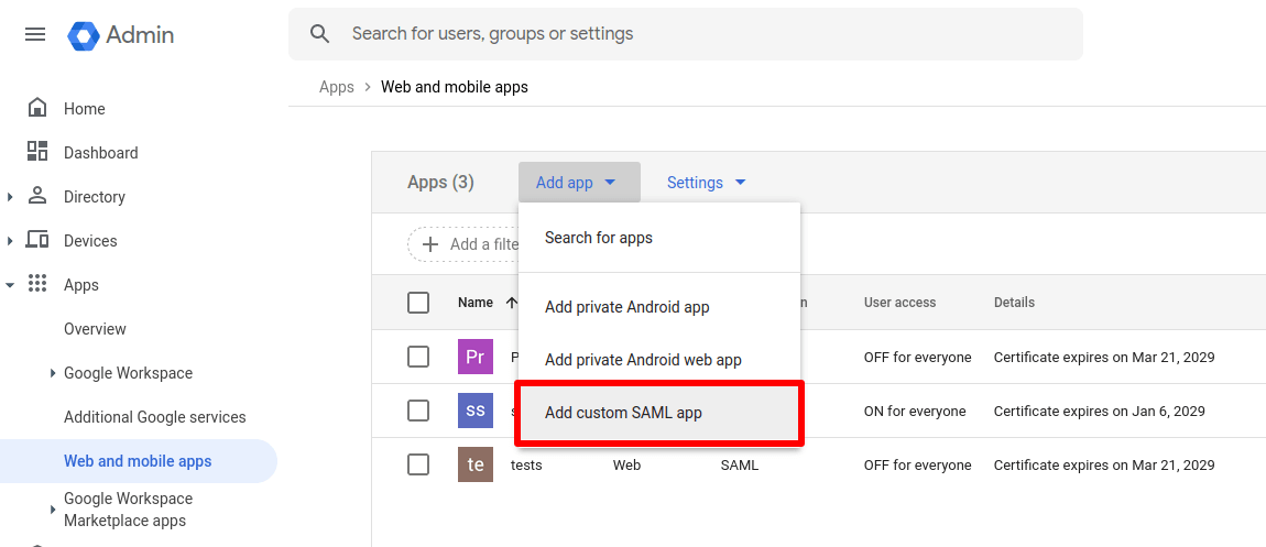 Add custom SAML app