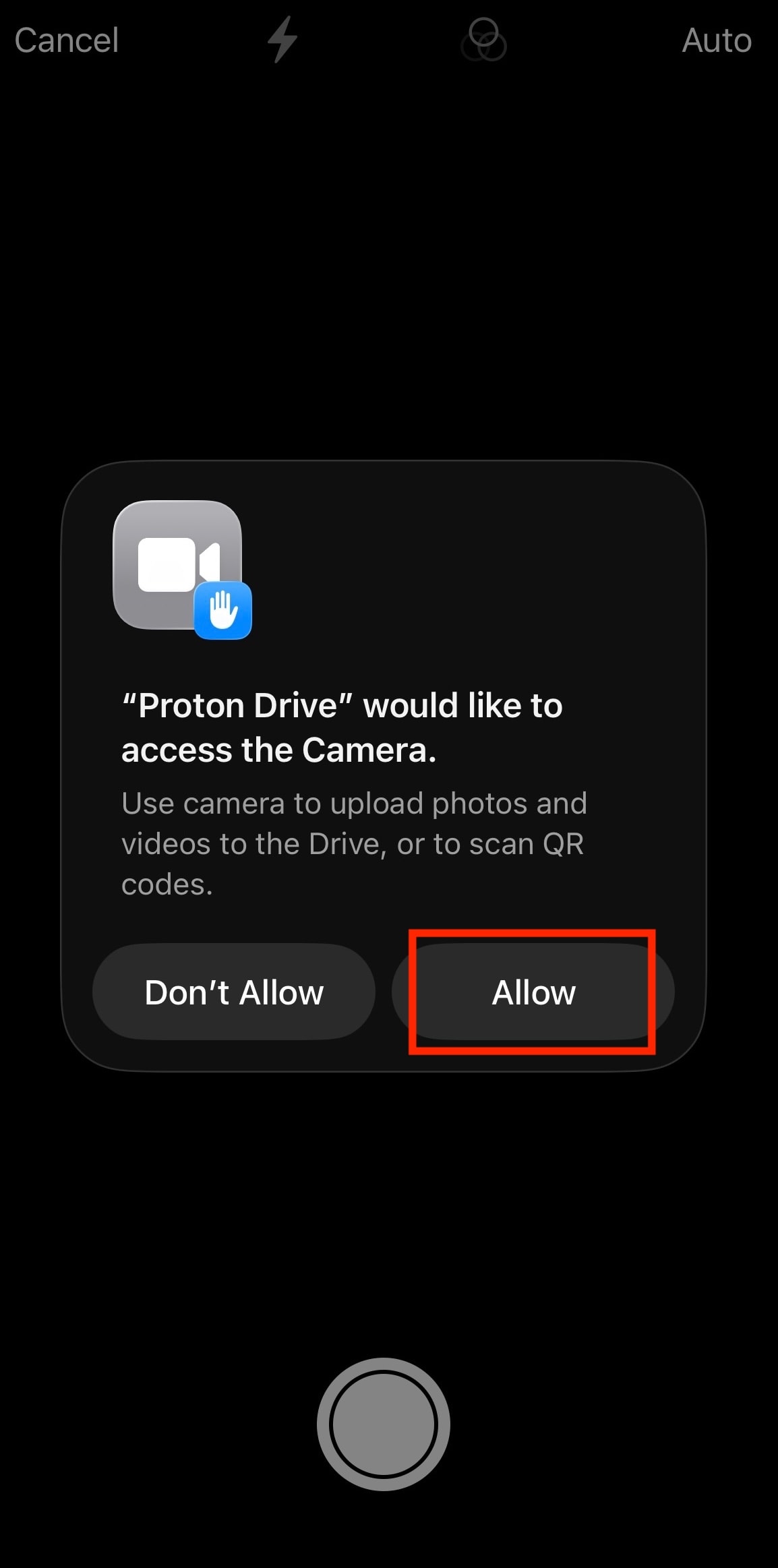 The Proton Drive iOS app requests camera access for document scanning