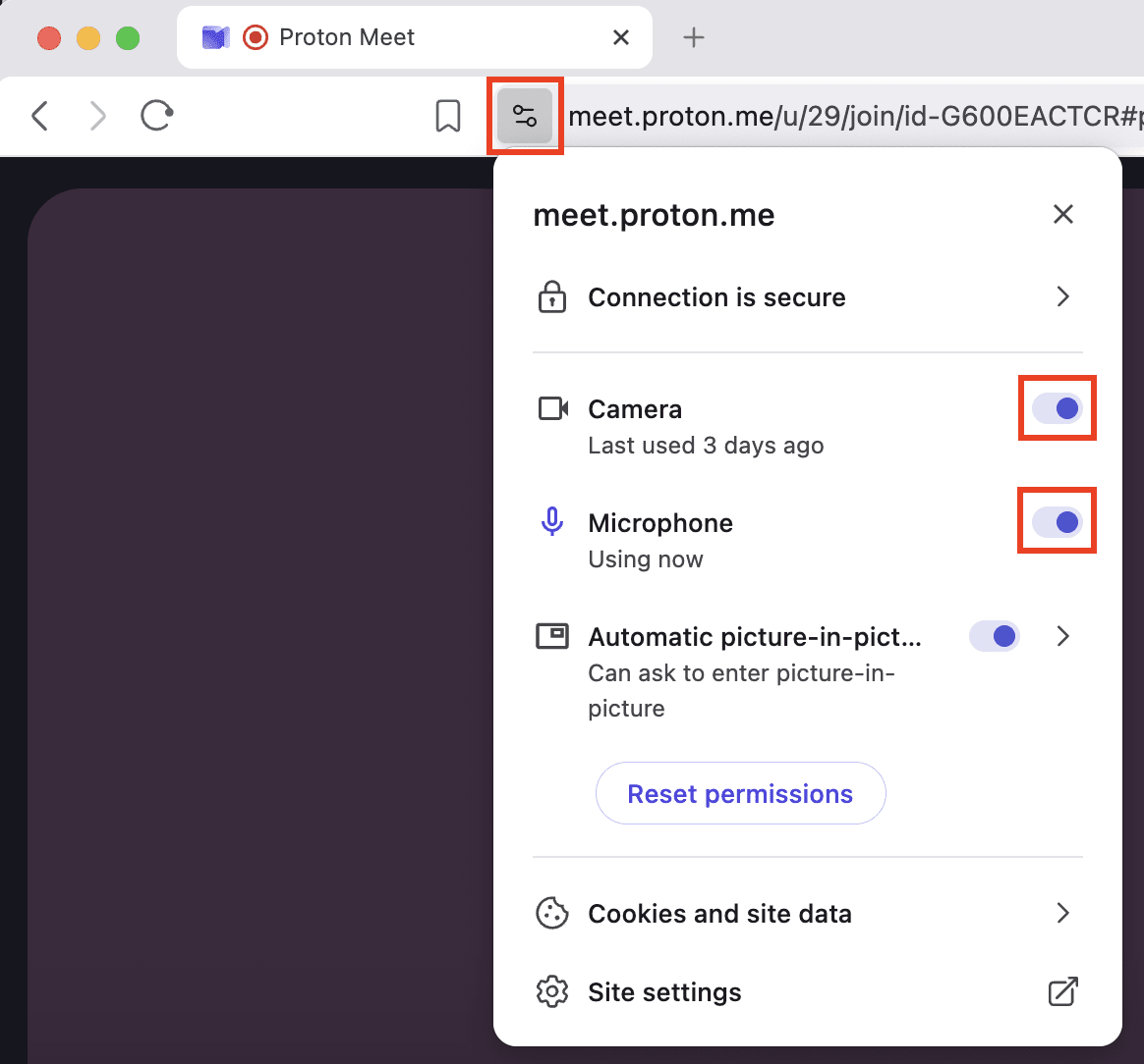 Enable camera and microphone permissions for the Proton Meet web app