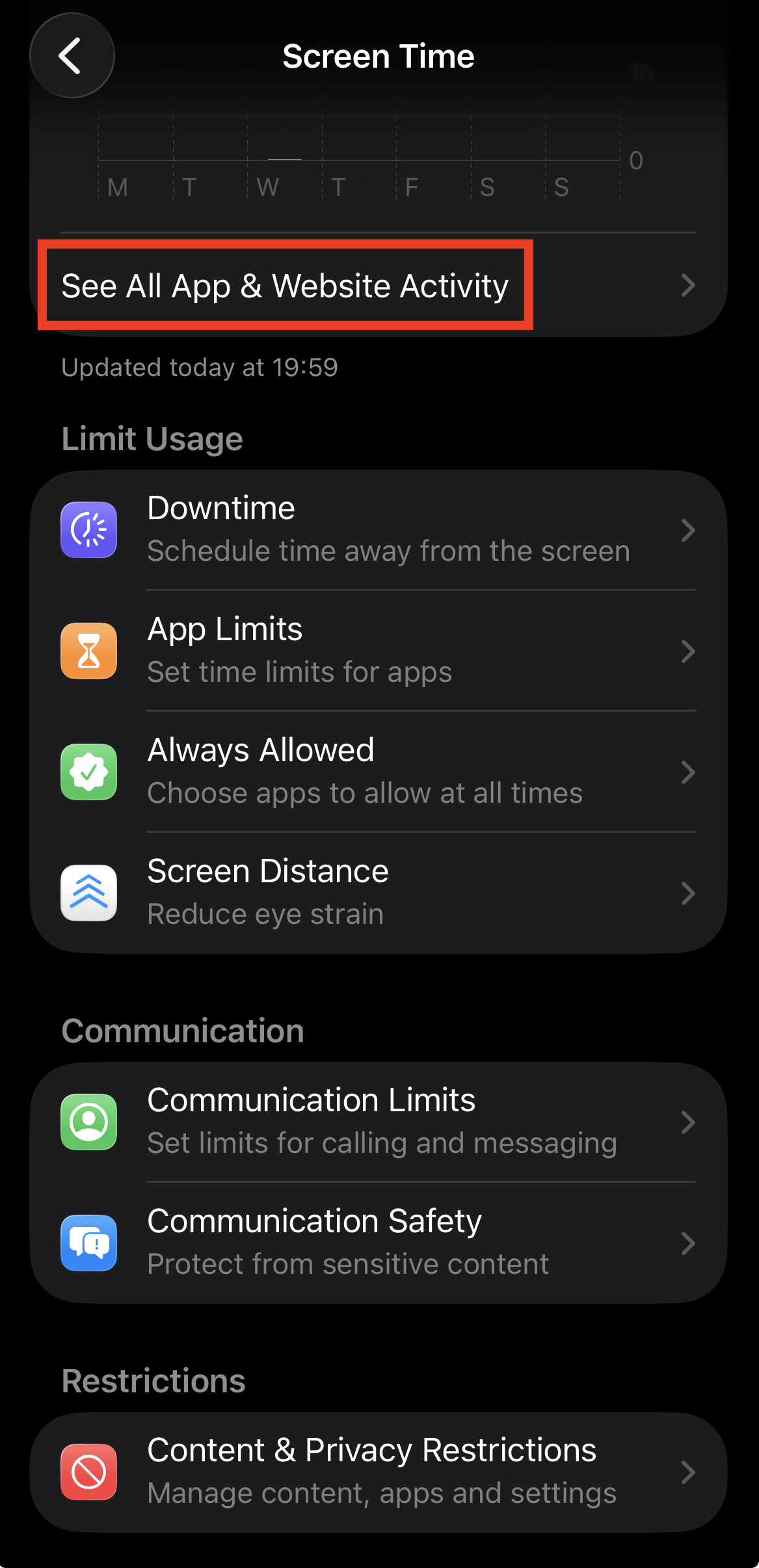 The iPhone Screen Time highlights "See All App & Website Activity"
