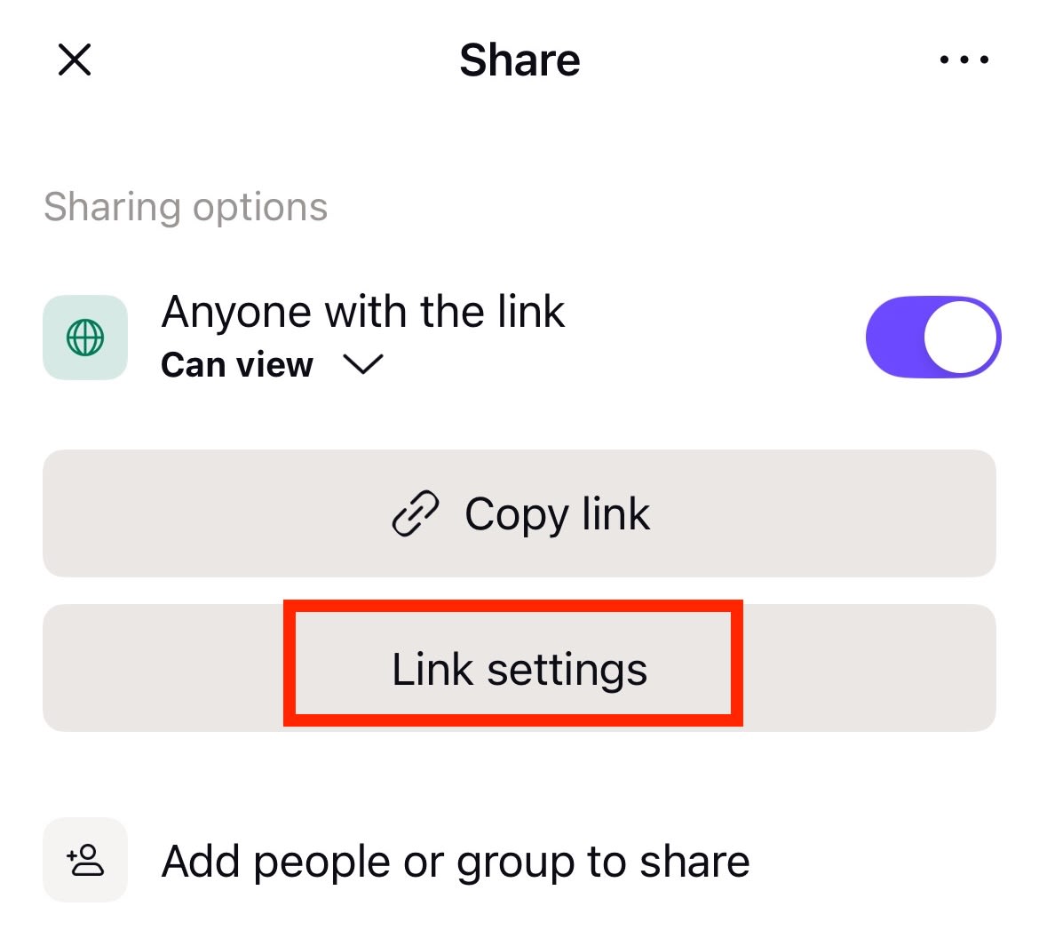 How to access link settings for a file or folder in the Proton Drive iOS app