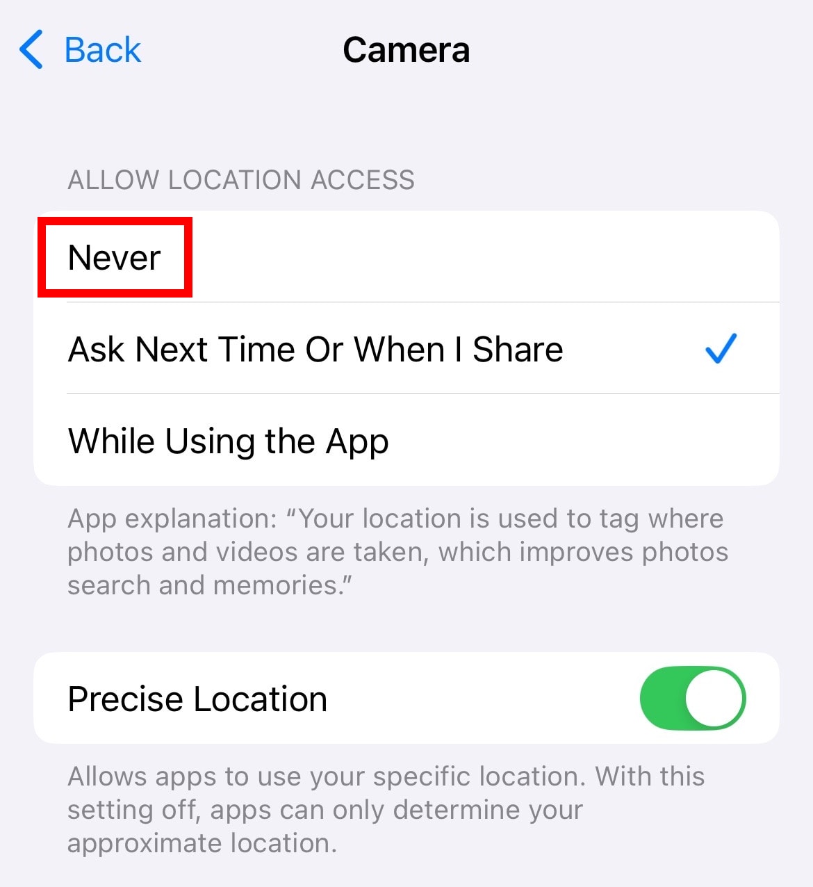 How to turn off camera location tagging on iPhone