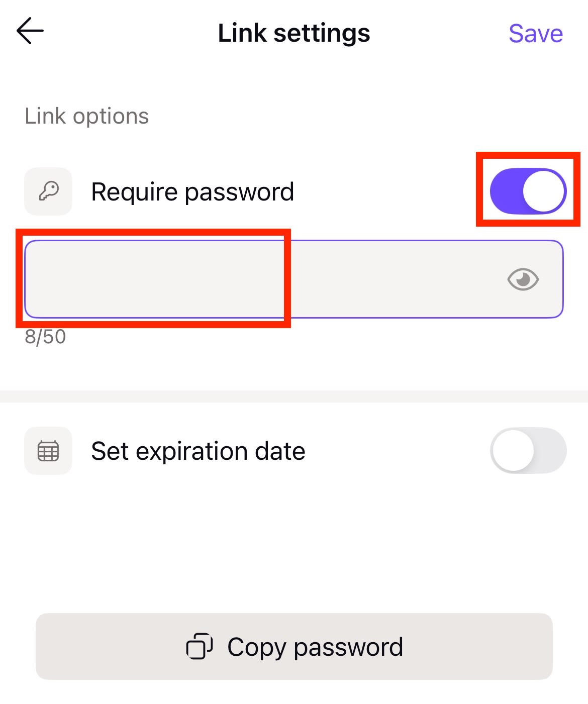 How to access link settings for a file or folder in the Proton Drive iOS app