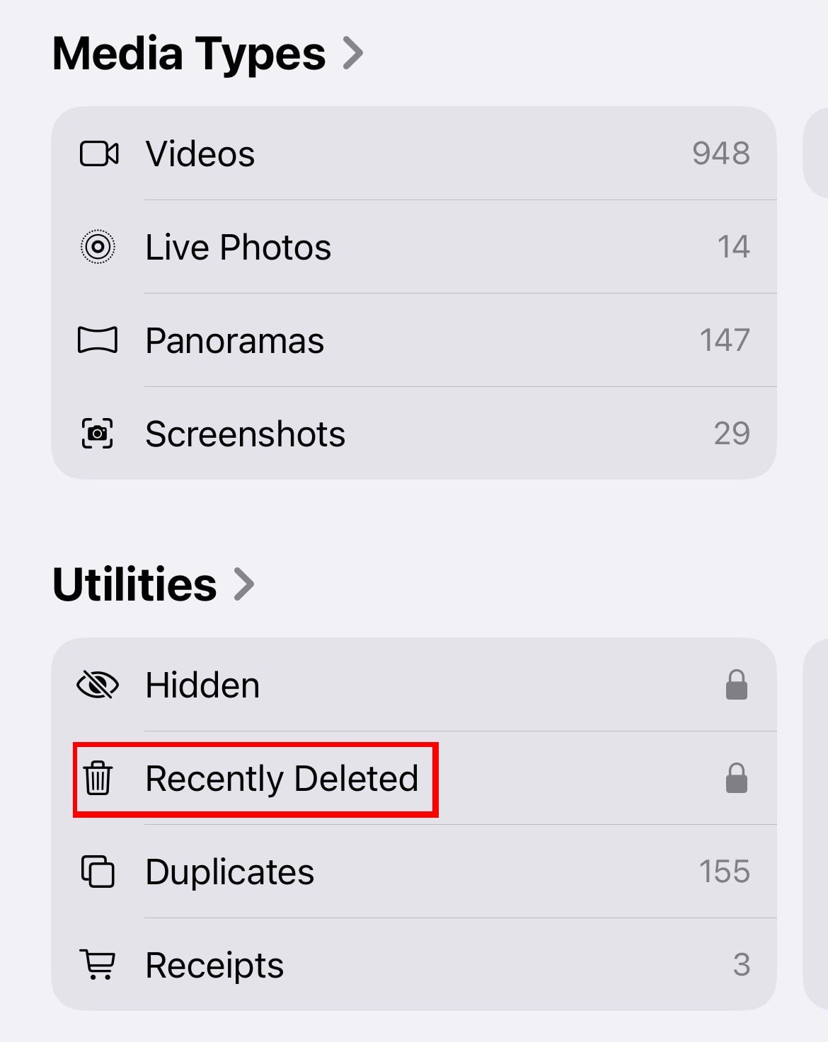 iPhone shows how to access the recently deleted photos