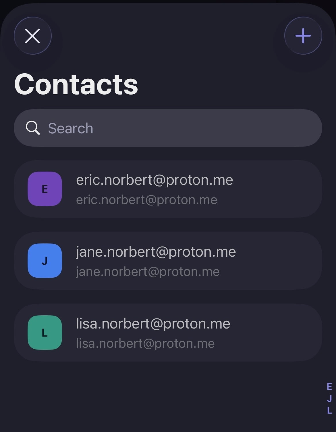 The Proton Mail iOS app shows a list of contacts