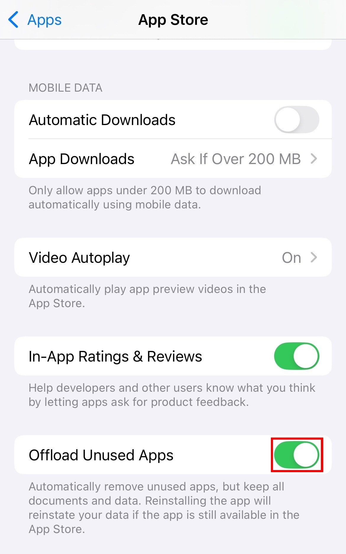 iPhone shows how to offload unused apps in the App Store