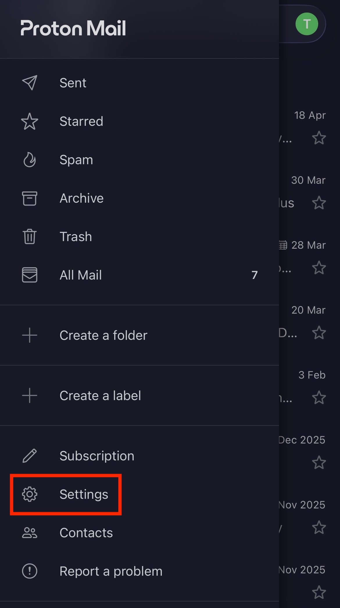 The Proton Mail iOS app highlights the Settings entry
