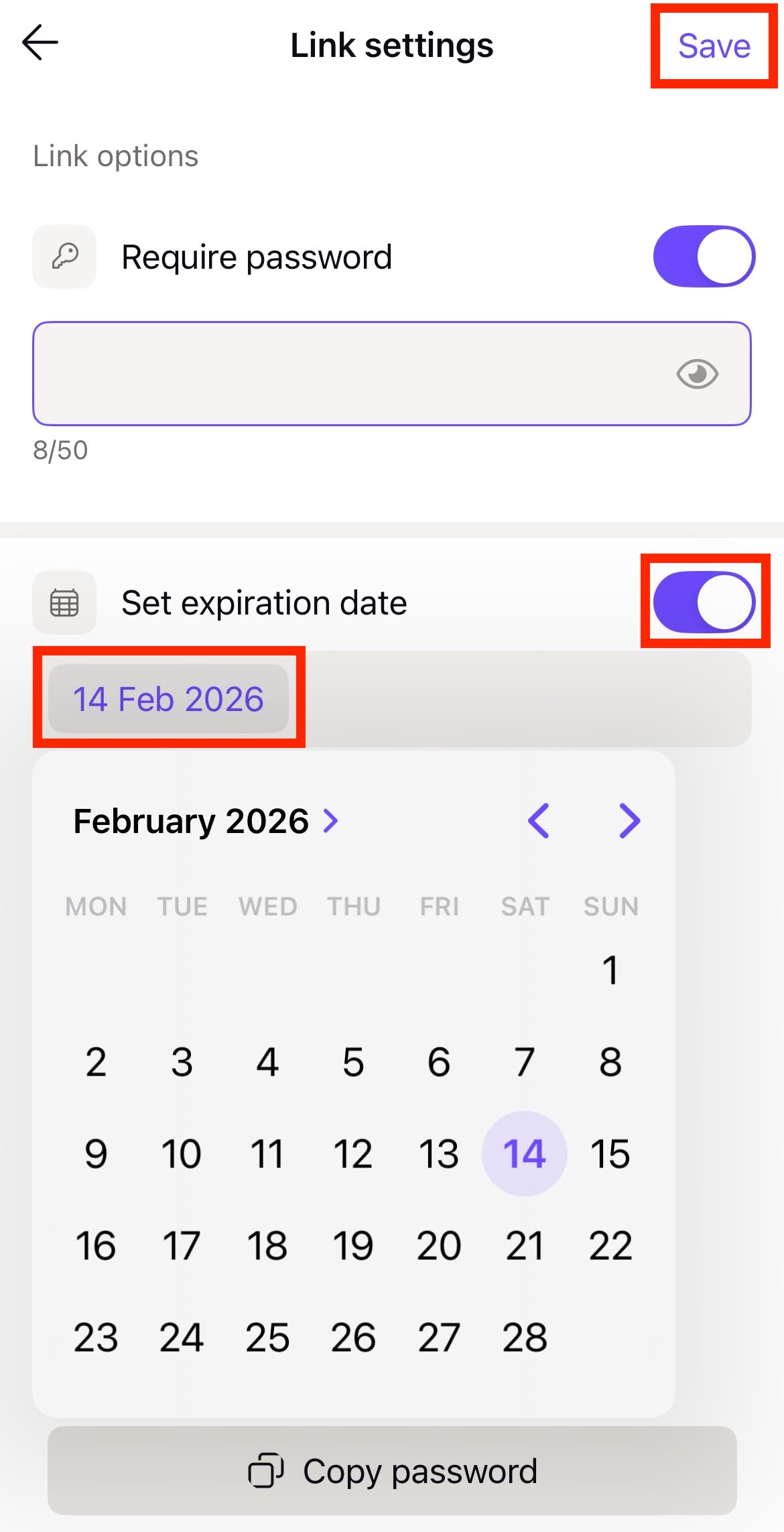 How to set an expiration date for a password-protected file or folder in the Proton Drive iOS app