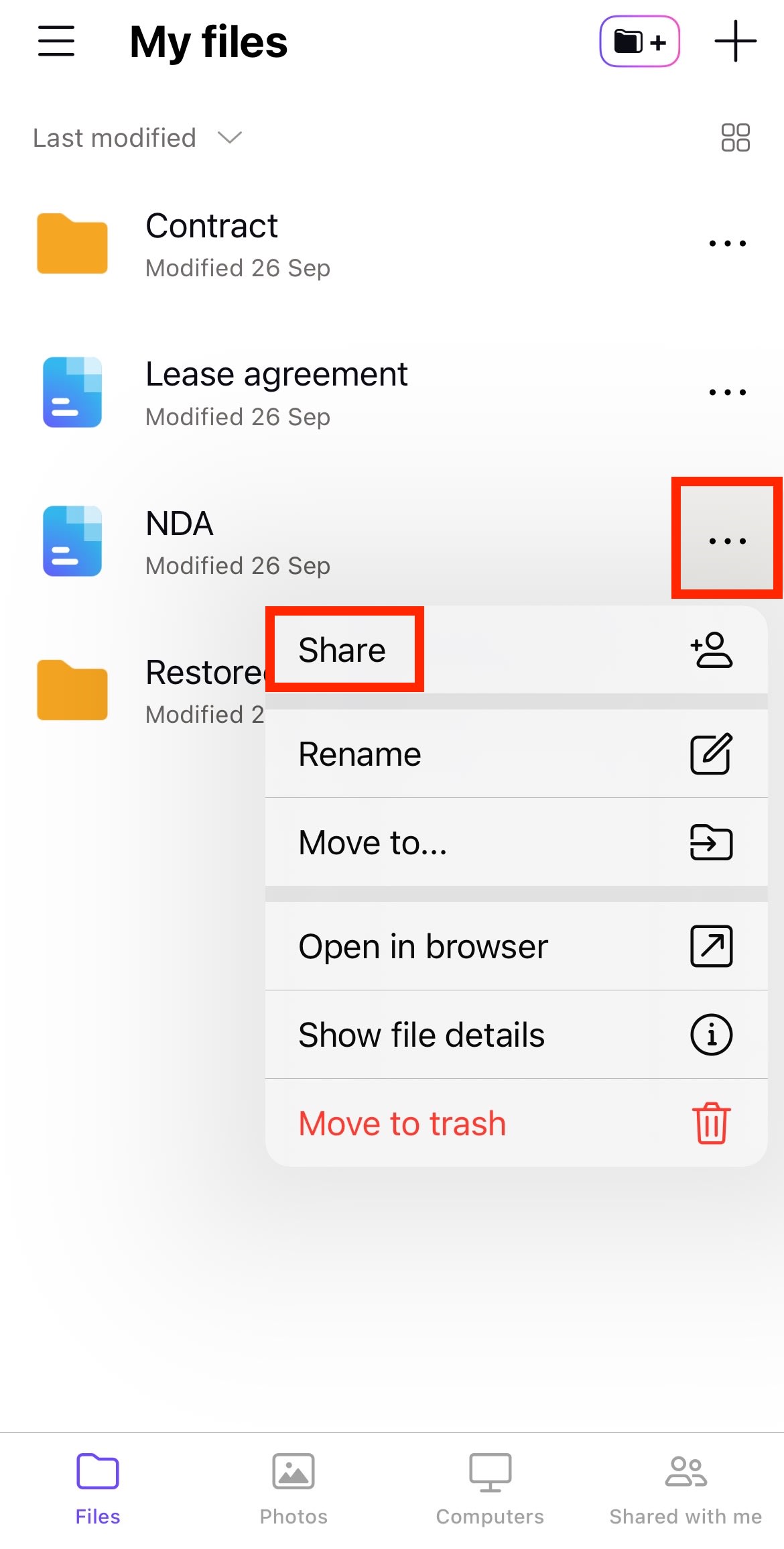 How to access the Share settings for a file or folder in the Proton Drive iOS app