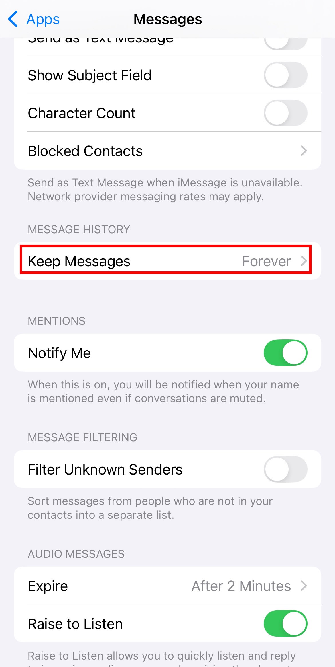 iPhone shows how to change the Keep messages setting