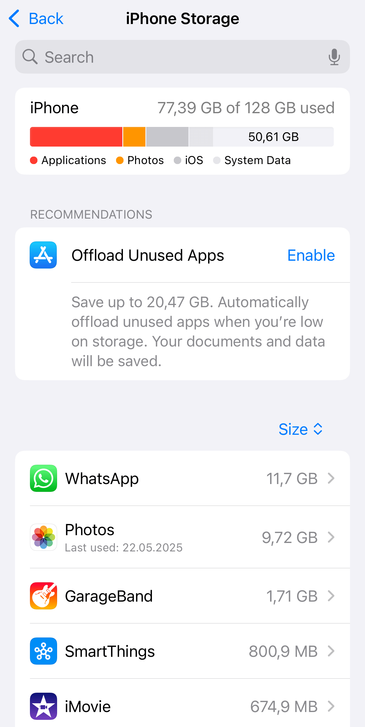 The iPhone Storage screen with installed apps and cleanup recommendations