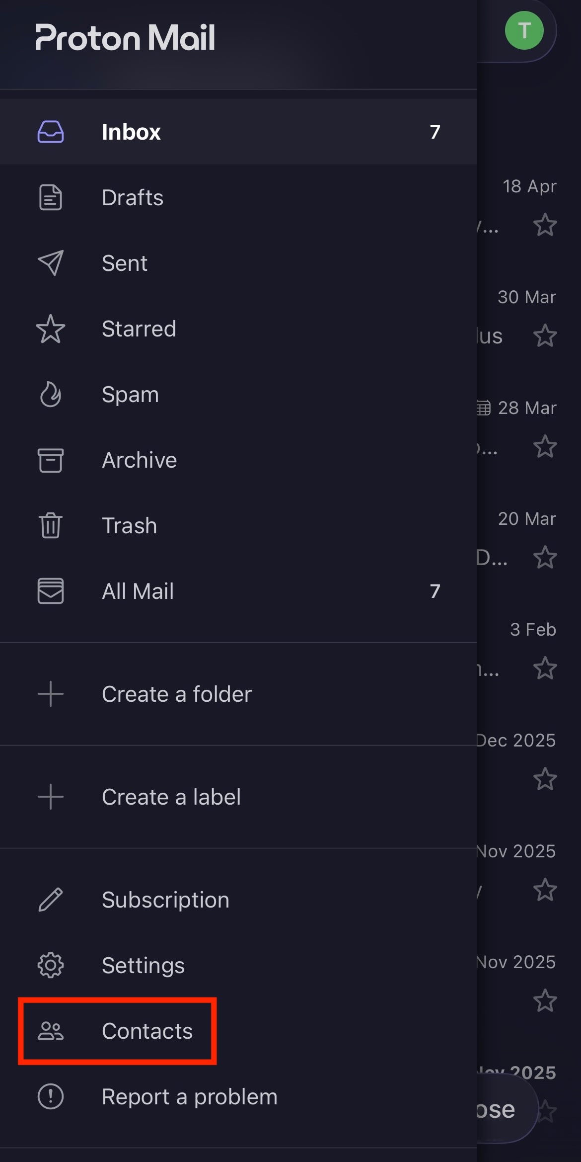 The Proton Mail iOS app highlights the Contacts entry