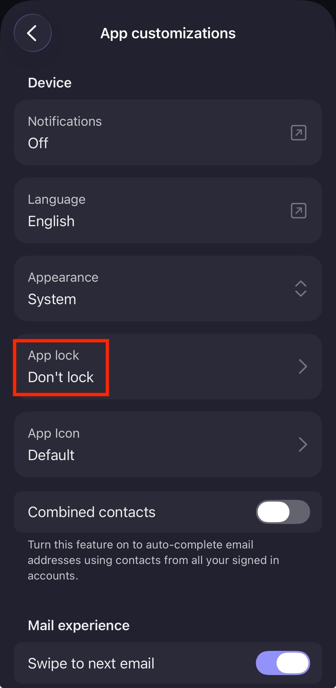 The Proton Mail iOS app highlights the App lock entry