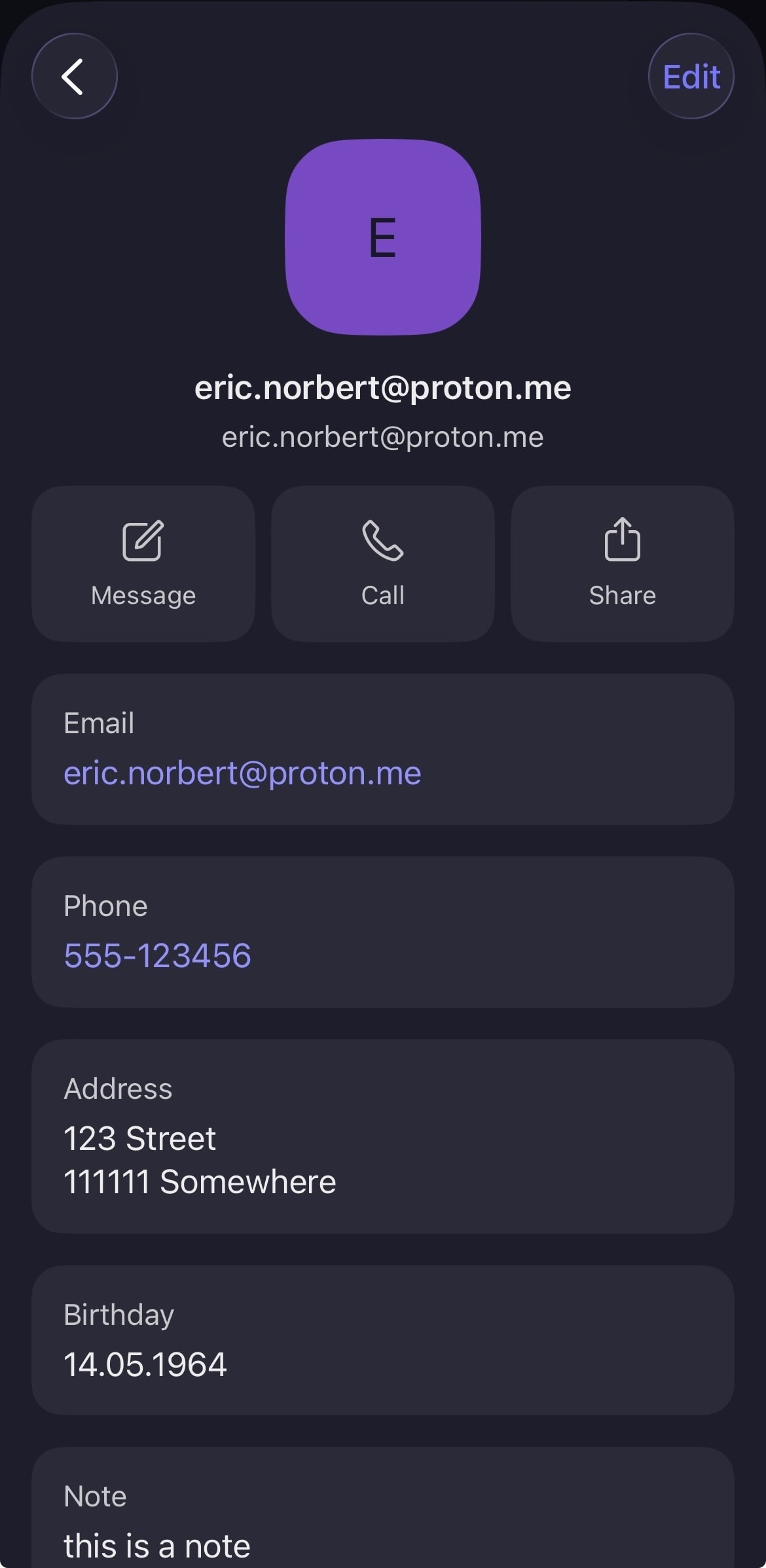 The Proton Mail iOS app shows contact information