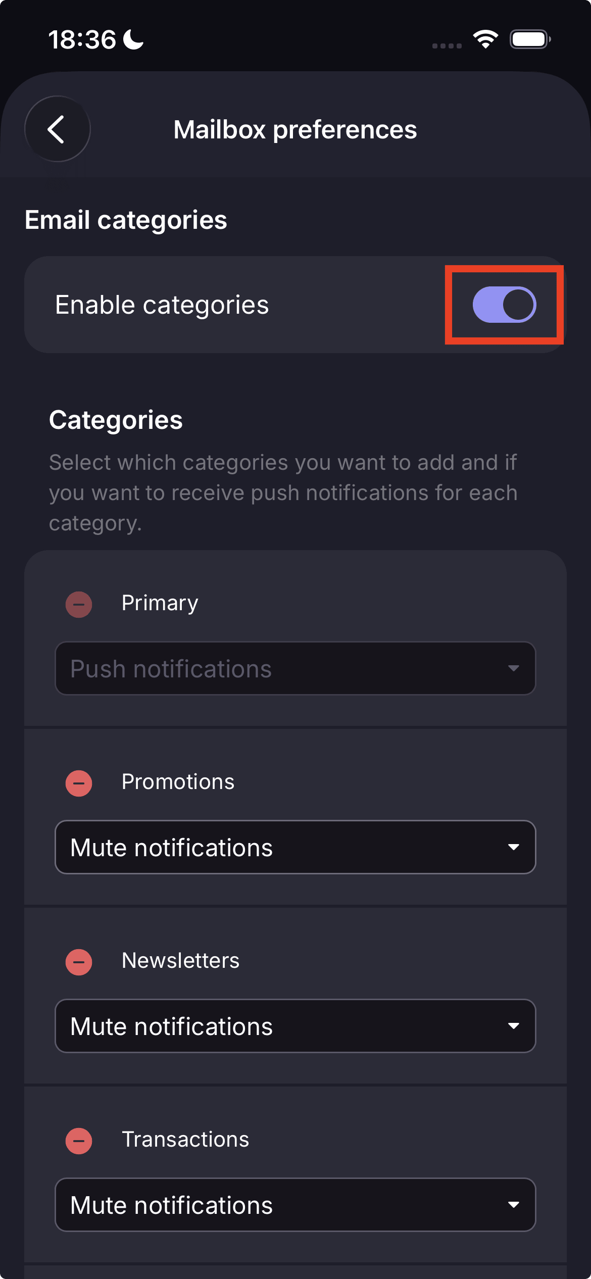How to turn off Proton Mail categories on mobile