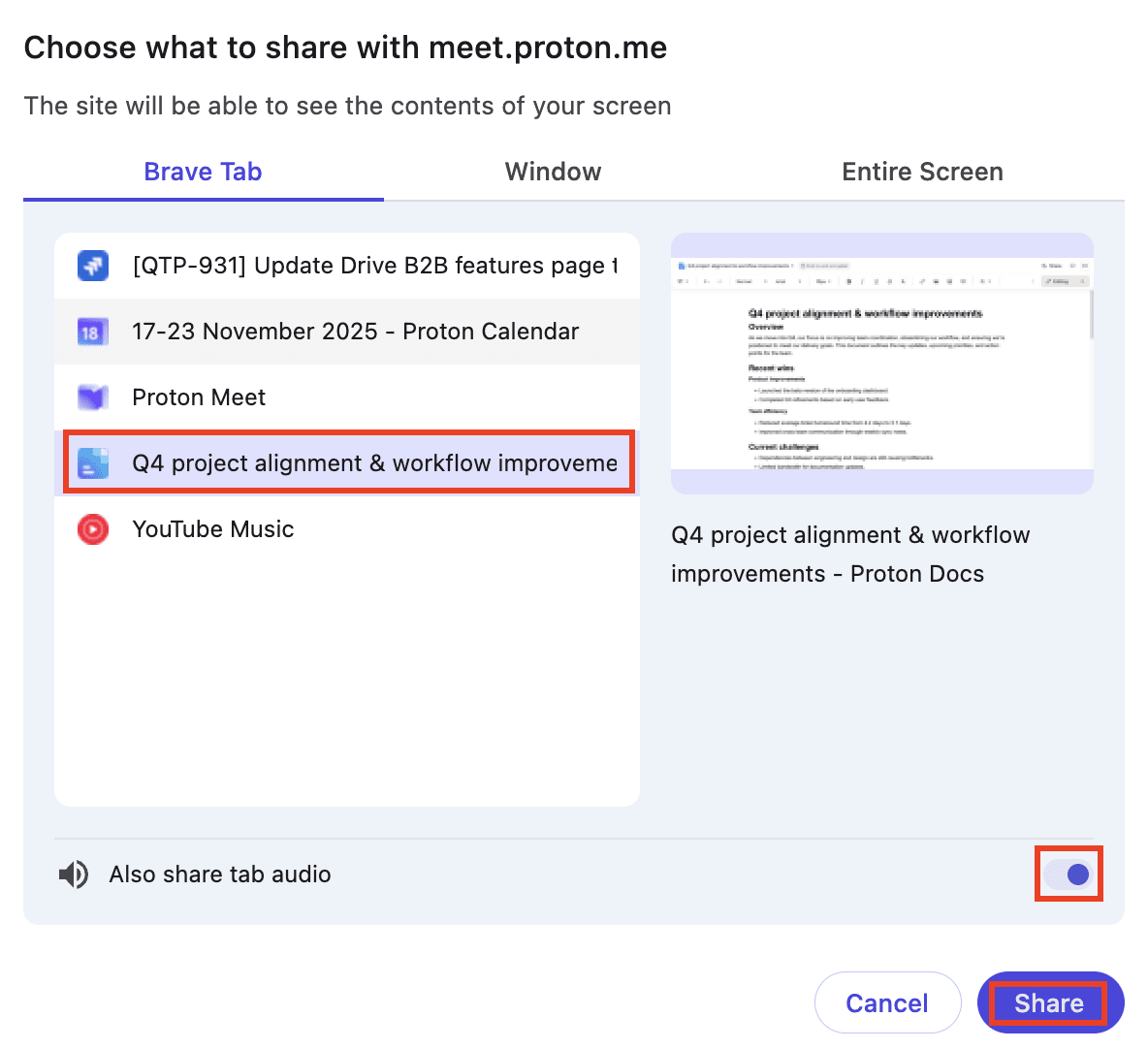 Select how to share your screen when using the Proton Meet web app