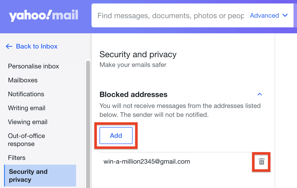 Blocked addresses Add button and trash icon to add or remove senders from the blocked list on the Yahoo Mail web app