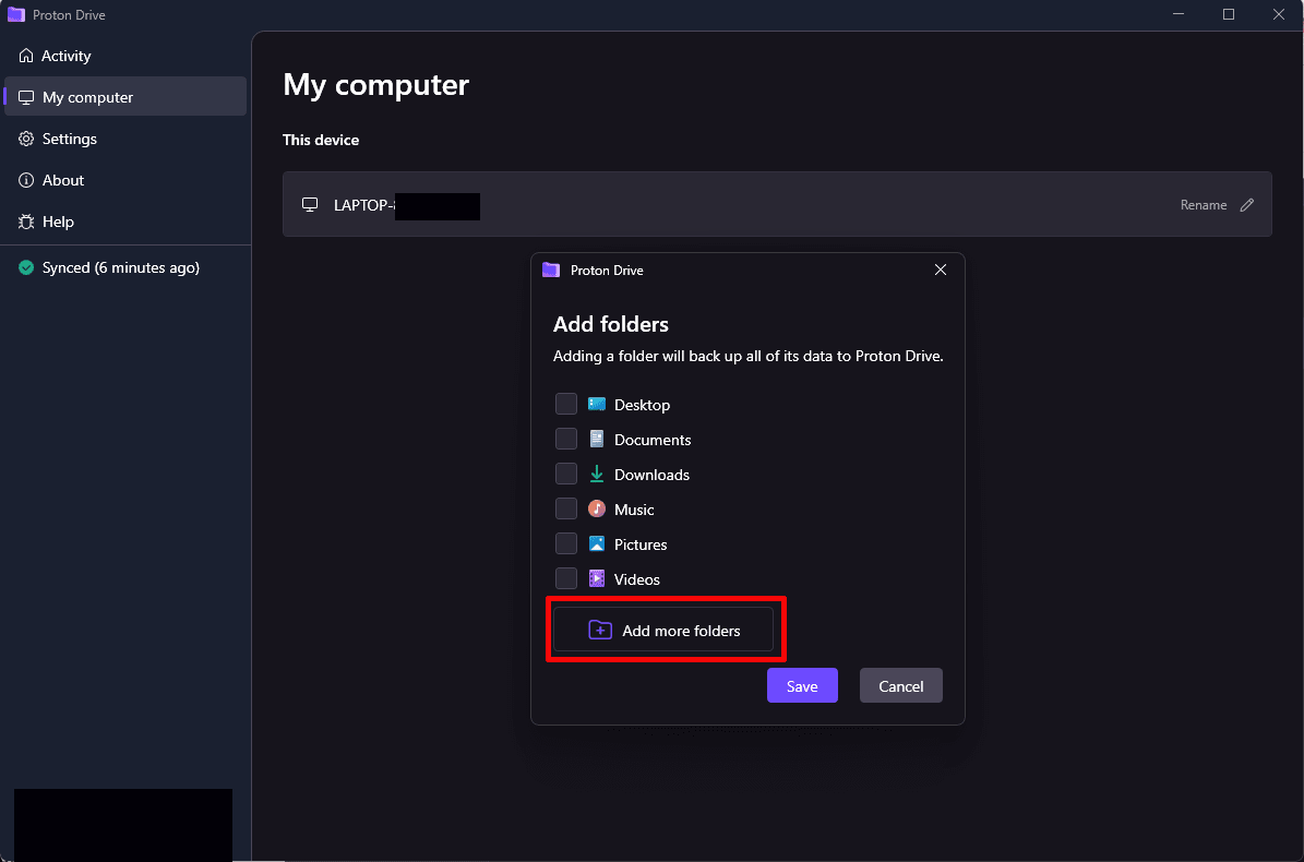 Adding new folders in Proton Drive