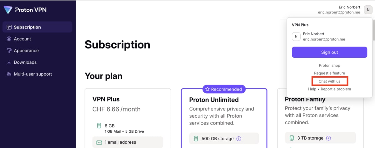 Start a chat with us via your Proton VPN account page
