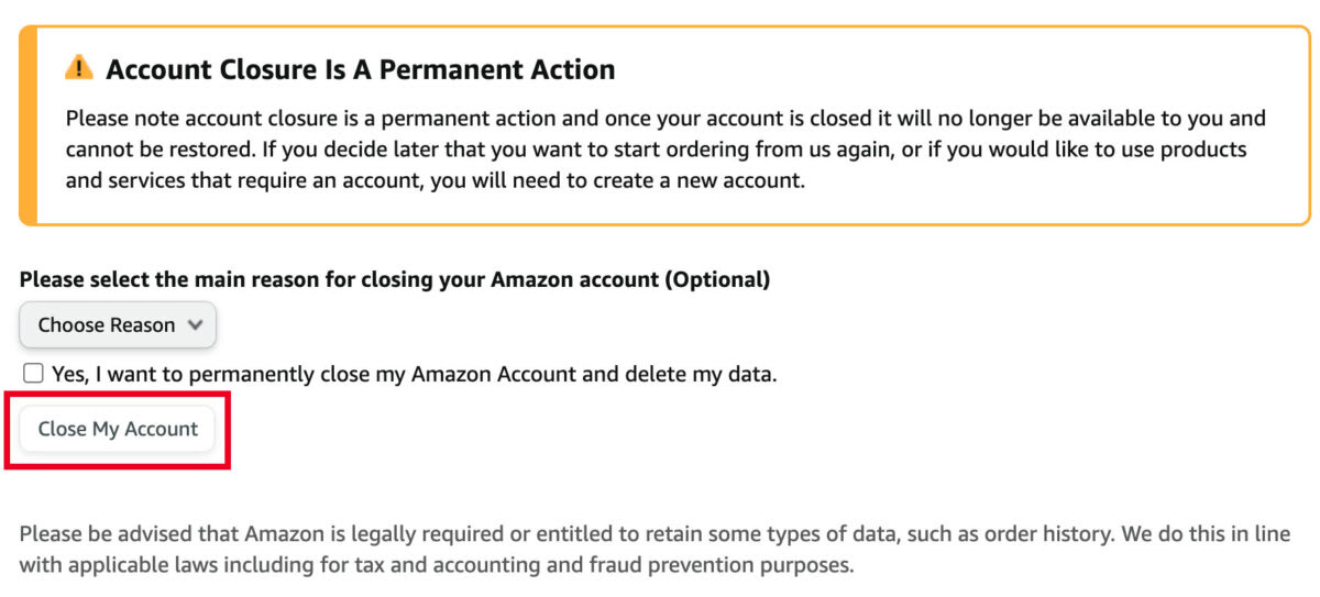 Showing button to close your Amazon account