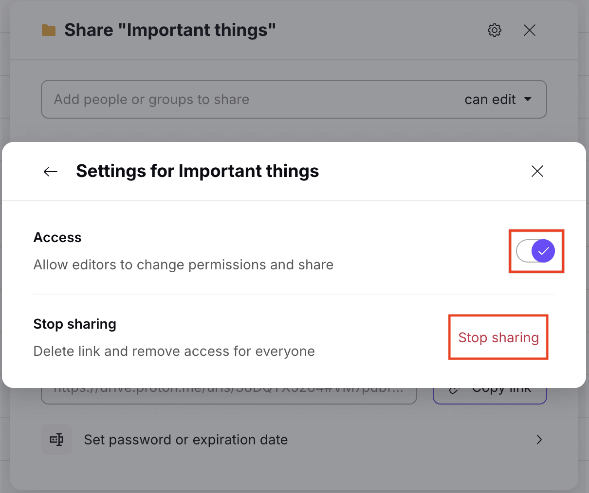 Proton Drive web app shows share settings