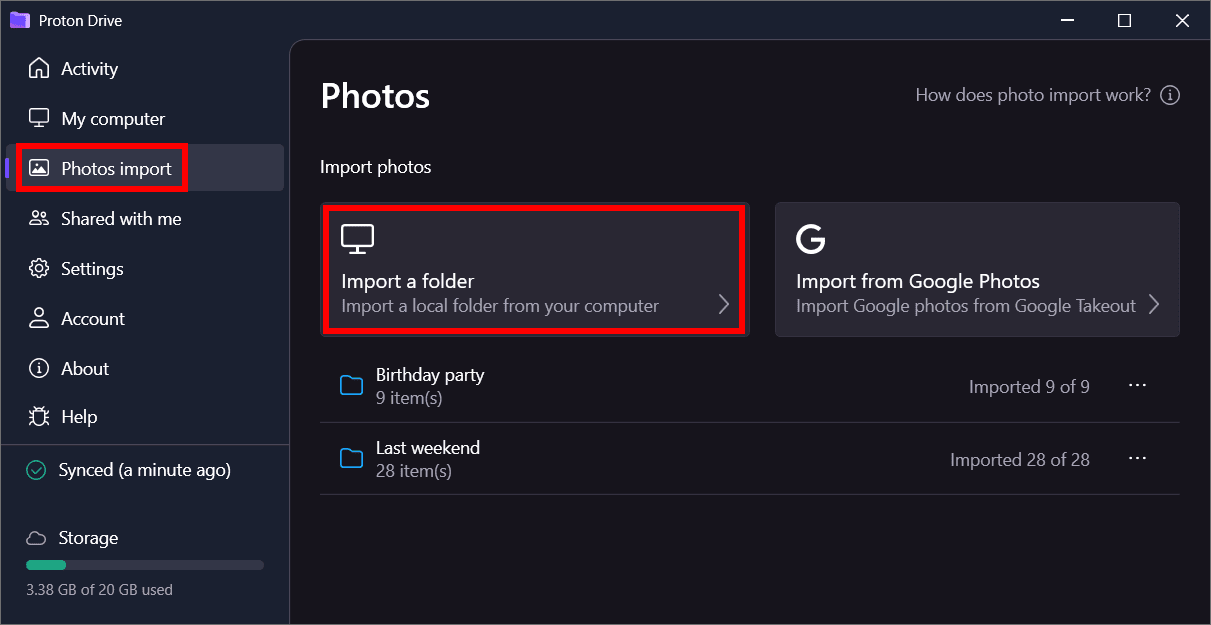How to import a folder in Proton Drive for Windows