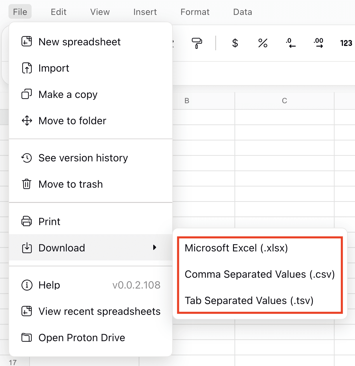 How to export a spreadsheet in Proton Sheets