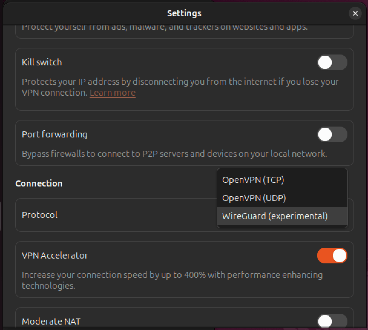 Linux CLI settings menu showing VPN protocol options