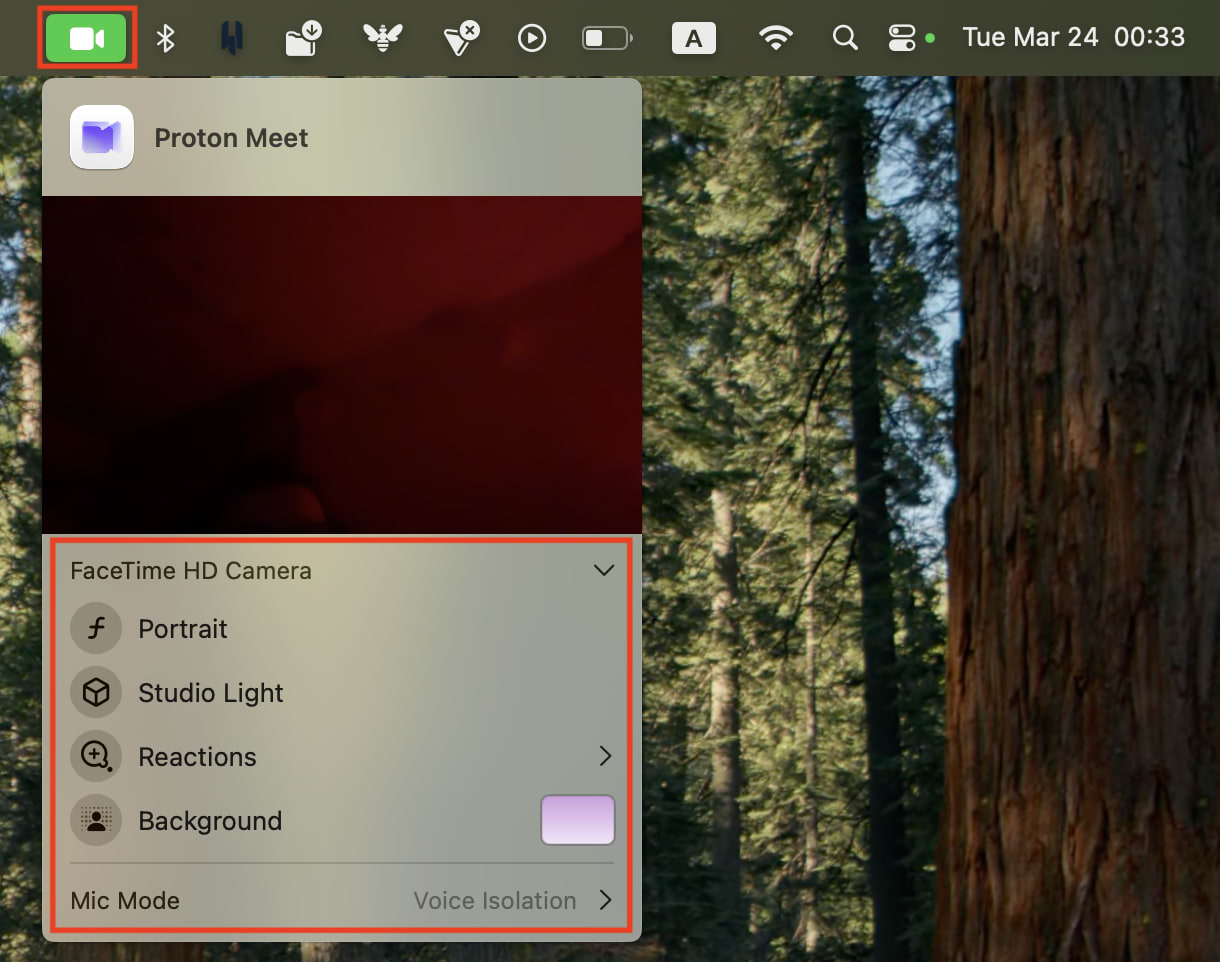 You can adjust camera and voice effects on Mac when using the Proton Meet desktop app or web app