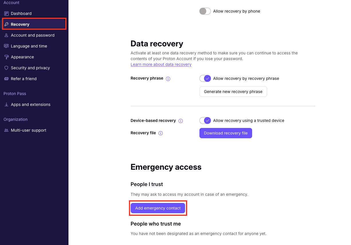 Screenshot showing the Recovery tab in the Proton Account settings