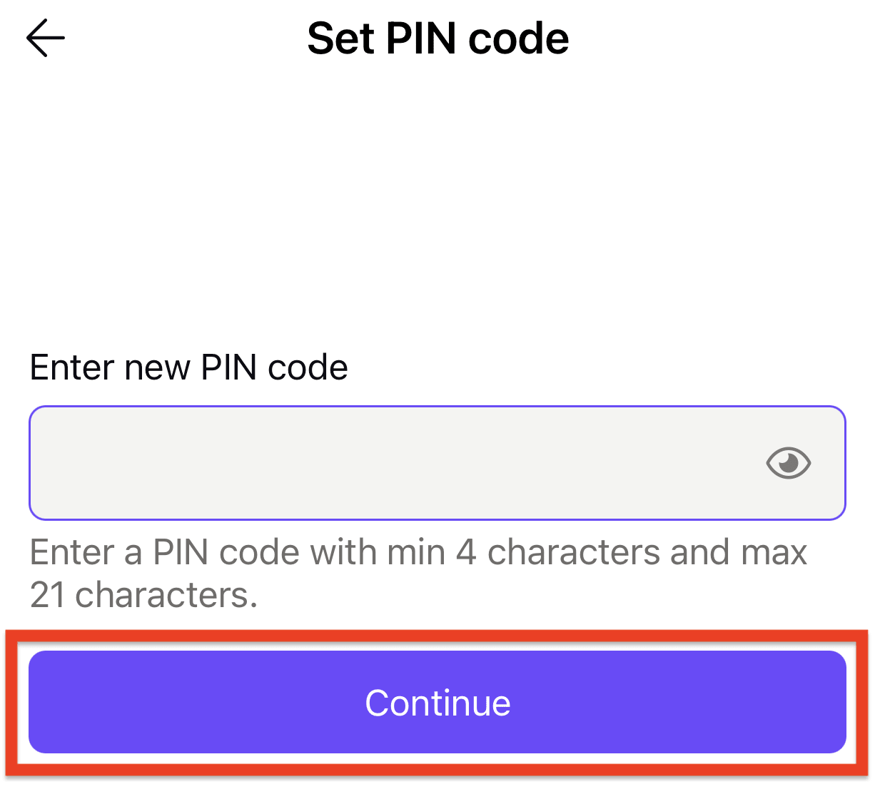 Enter new PIN code and Continue button