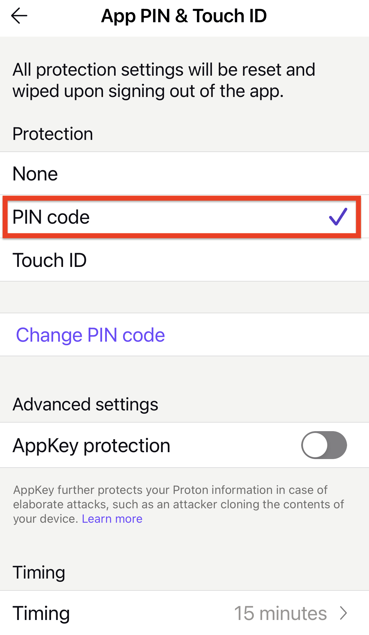 PIN code option