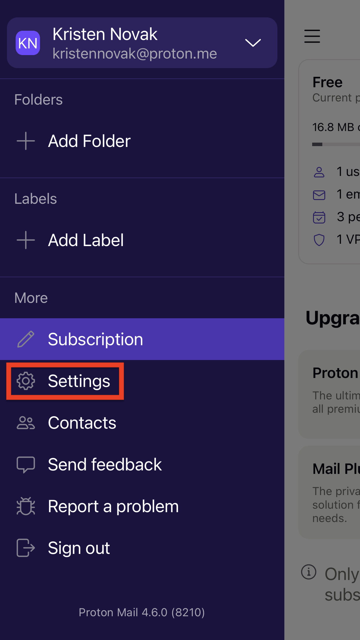 Proton Mail iOS Settings option