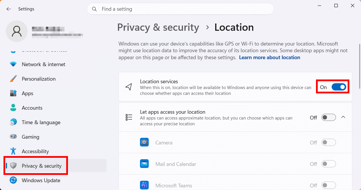 Windows screen highlights the "Privacy & security" and "Location services" settings