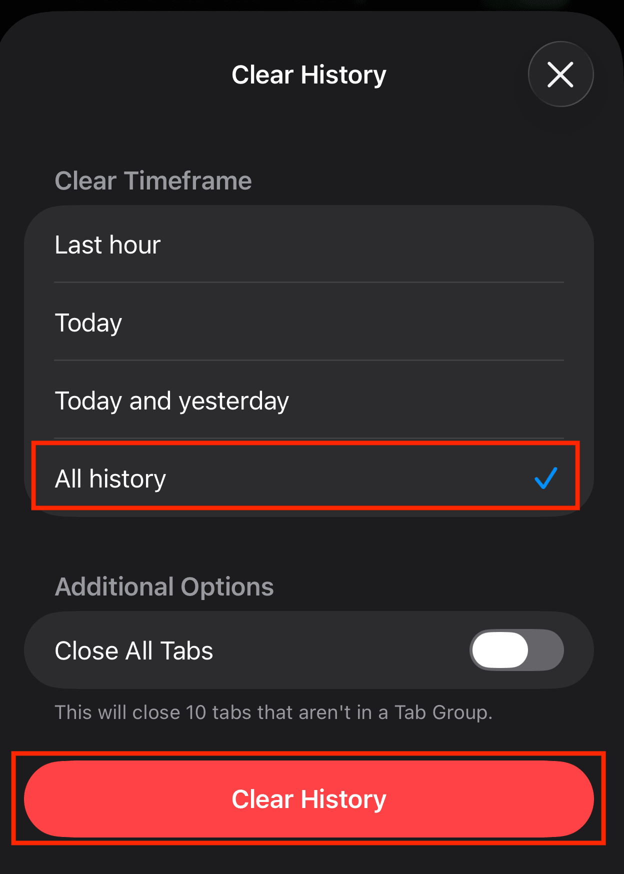 iPhone settings showing how to clear Safari history