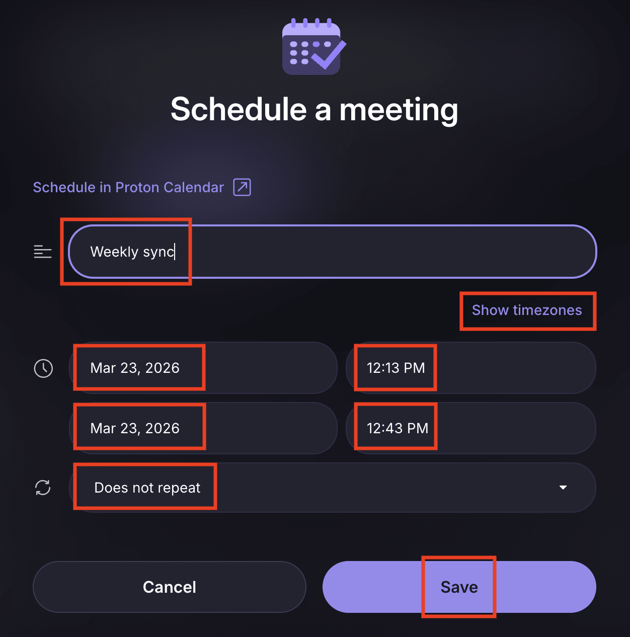 Schedule a meeting to add to external calendars using the Proton Meet desktop or web app