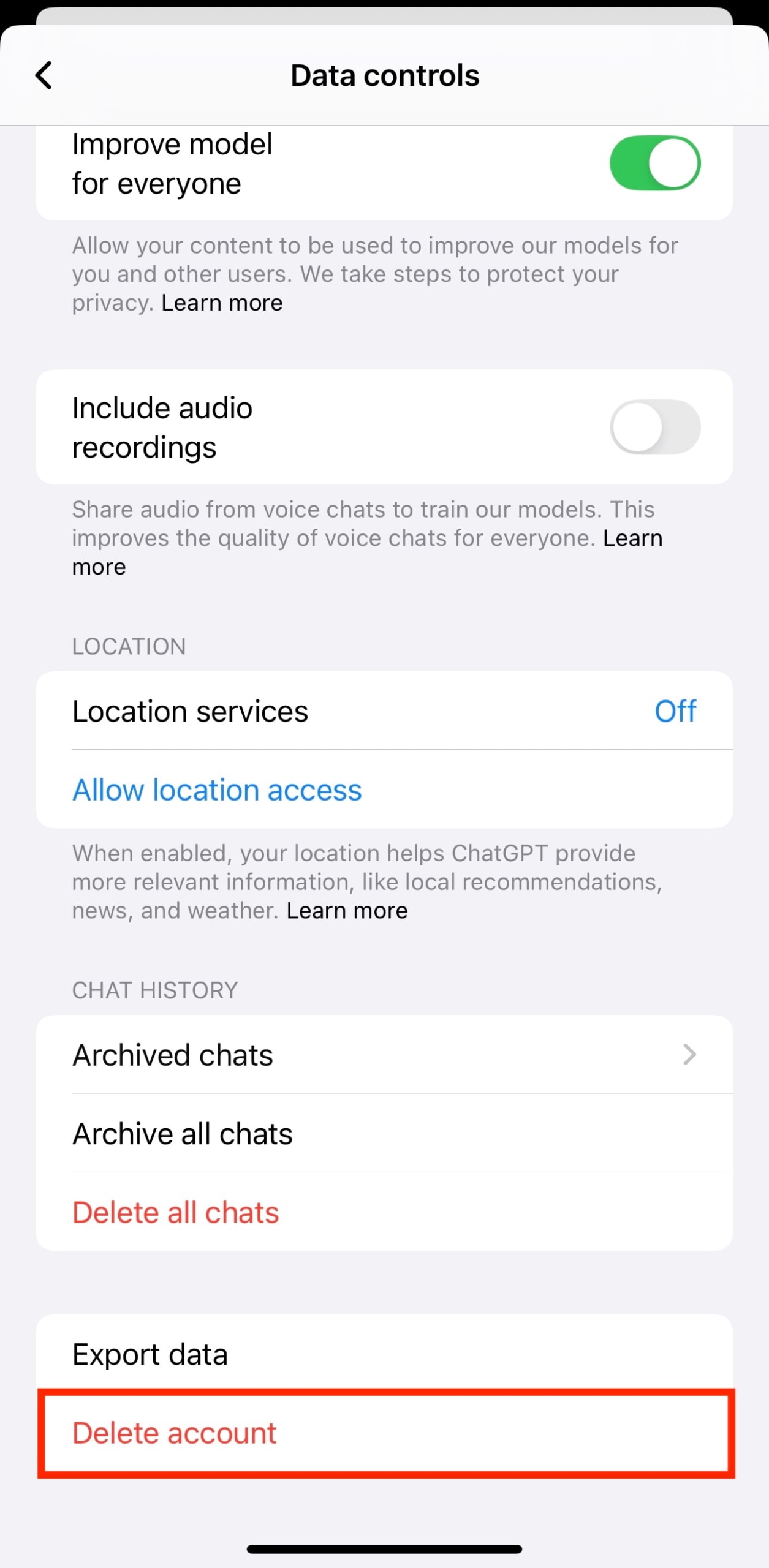 How to delete ChatGPT account on iOS data controls