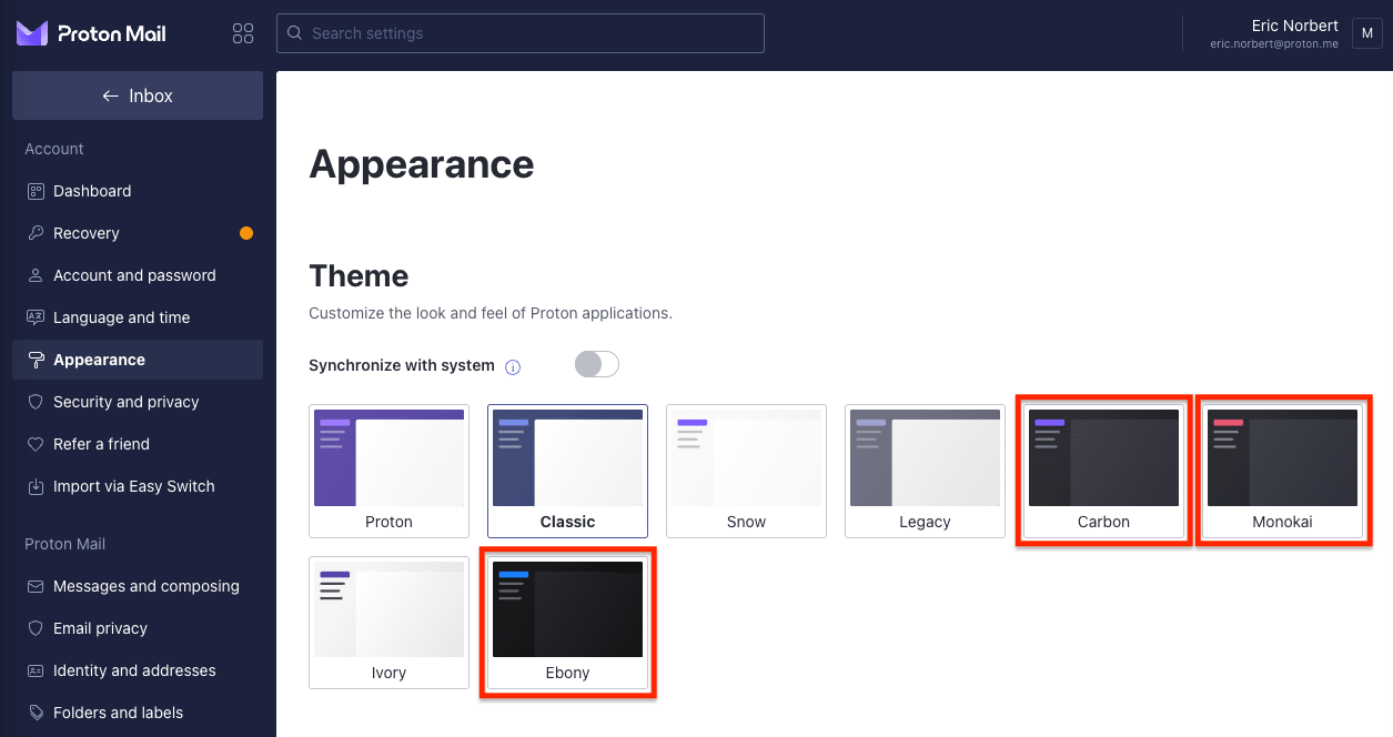 The three dark themes: Carbon, Monokai, and Ebony