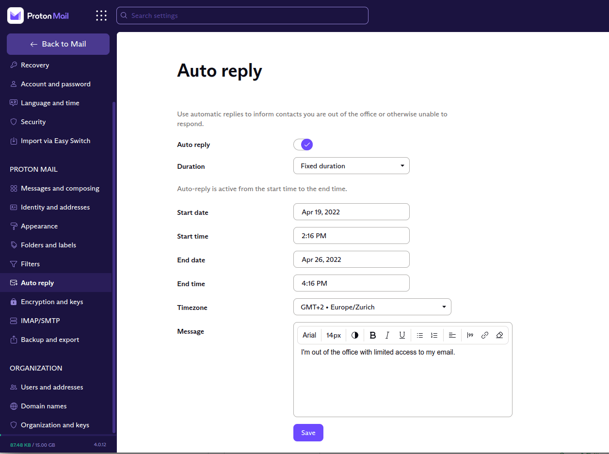 Set auto reply parameters