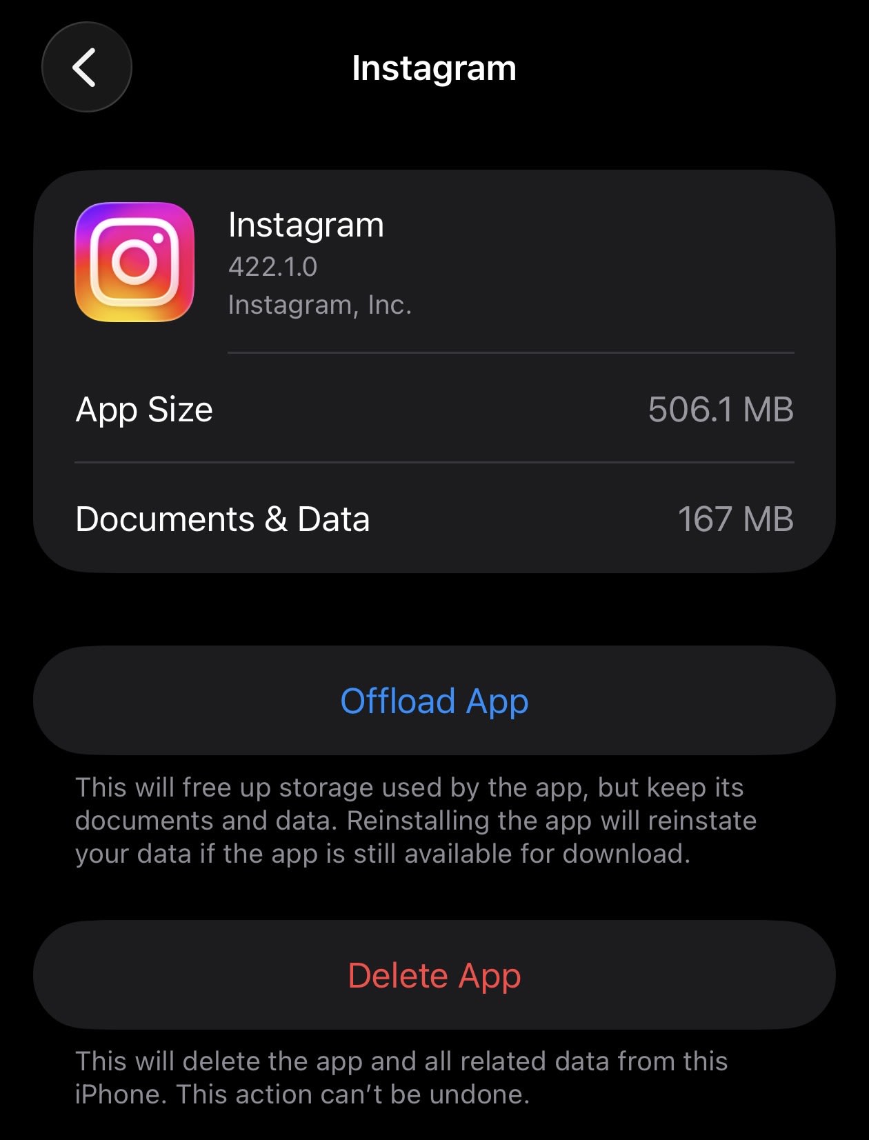 iPhone settings show how to delete or offload the Instagram app