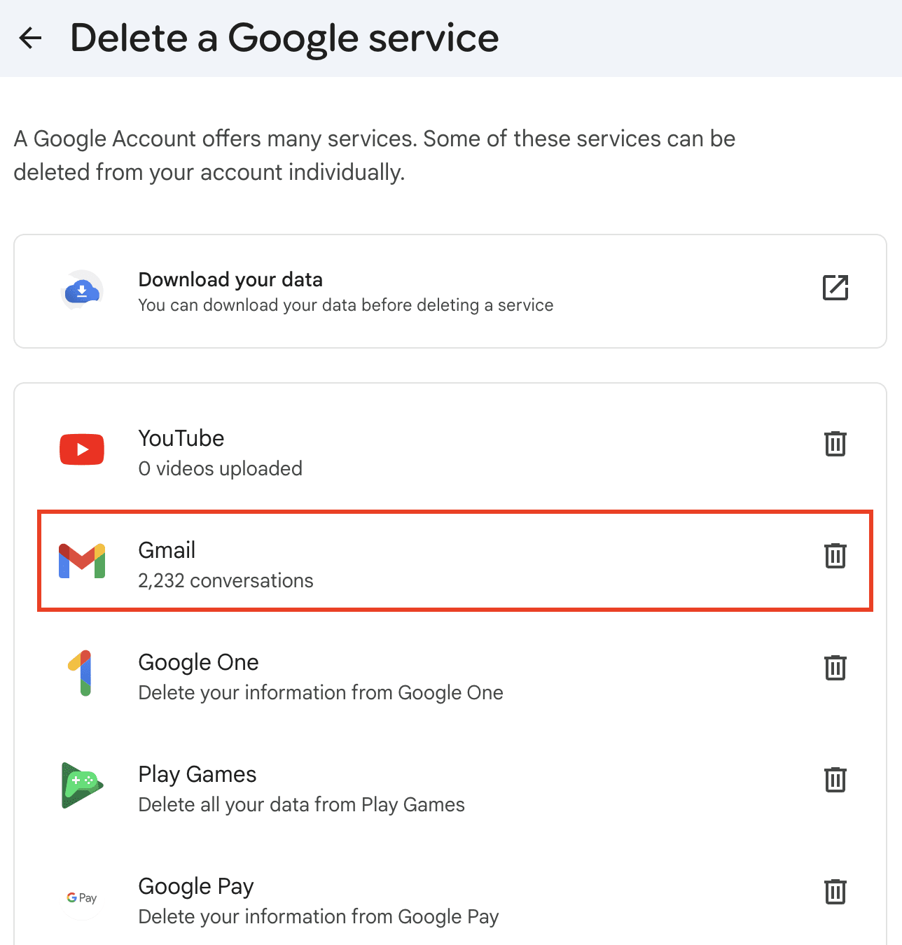 Google Account settings highlighting Gmail for deletion