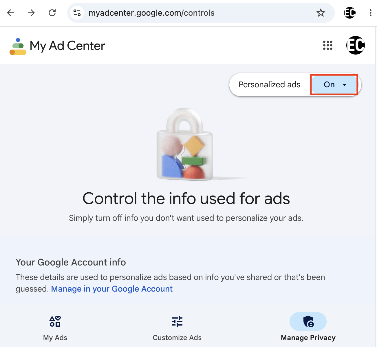 Google Account shows how to disable personalized ads in My Ad Center
