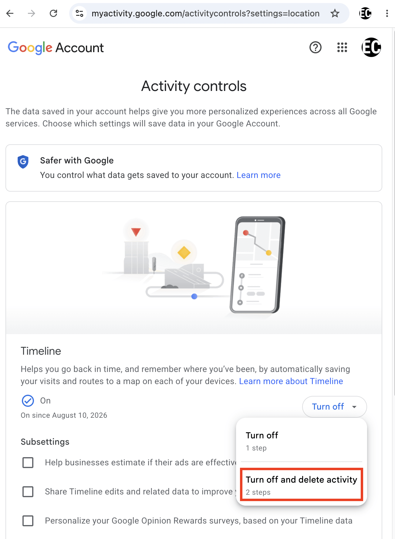 Google Account shows how to disable Timeline
