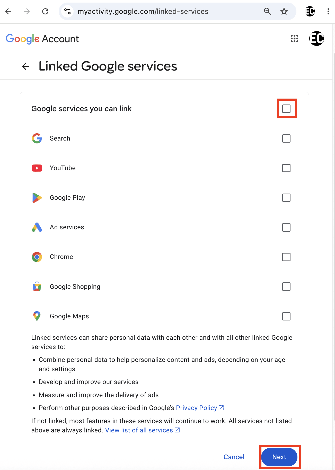 Google Account settings shows how to deselect linked Google services