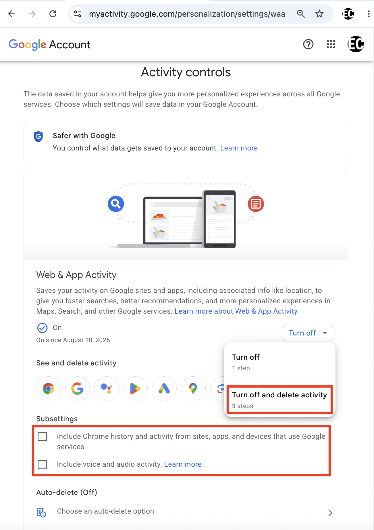 Google Privacy settings shows how to turn off Web & App Activity