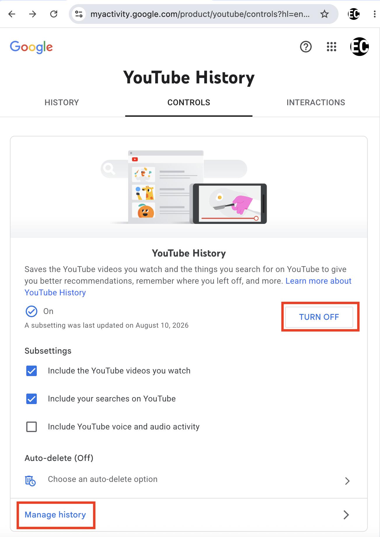 Google Account settings shows how to turn off YouTube History
