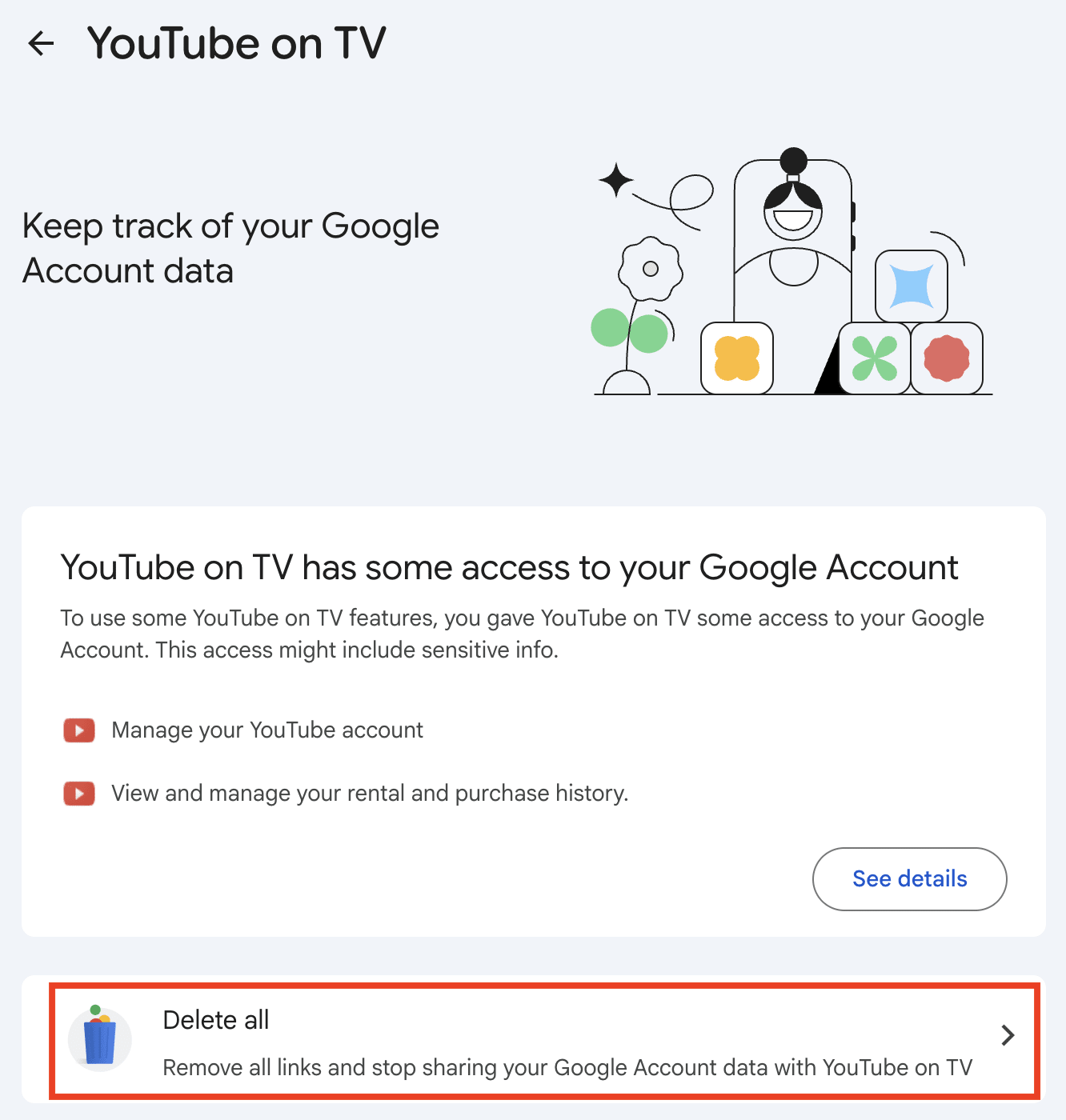 Google Account shows to remove all links and stop sharing your Google Account data with YouTube on TV