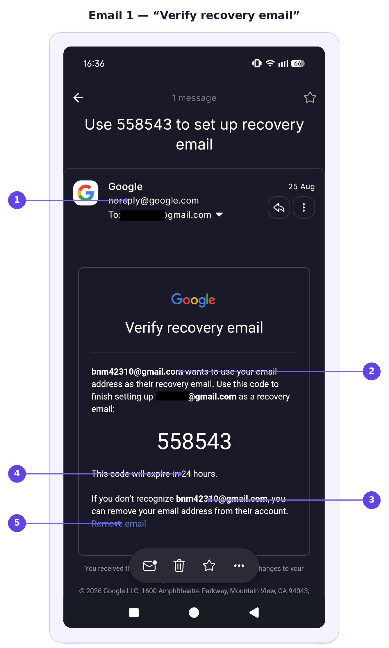 A Google Account recovery email scam on Gmail, explained